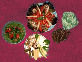 © Regina F. Rau: Rohost-Übergangskost: Salatplatten mit Wald-Pilzen (Parasol) und Mixed Pickles