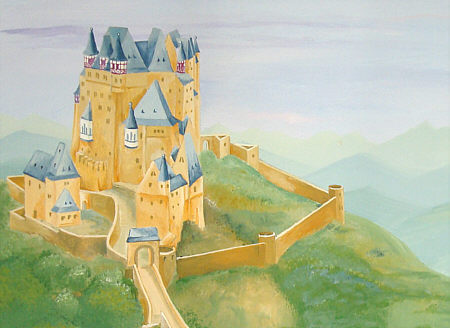 © Regina F. Rau: Wandgemälde 1: Marmorwand - mit Säulenumrahmtem Ausblick auf den Strand und das Meer - Detail: Burg Eltz (Abbildung der Burg Eltz an der Mosel