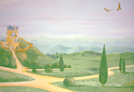 © Regina F. Rau: Wandgemälde 1: Marmorwand - Detail: Adler über der Burglandschaft