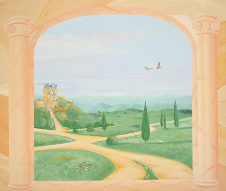 © Regina F. Rau: Wandgemälde 1: Marmorwand - mit Säulenumrahmtem Ausblick auf Toskana - Detail: Blick auf Toskana mit Burg und kreisenden Adlern